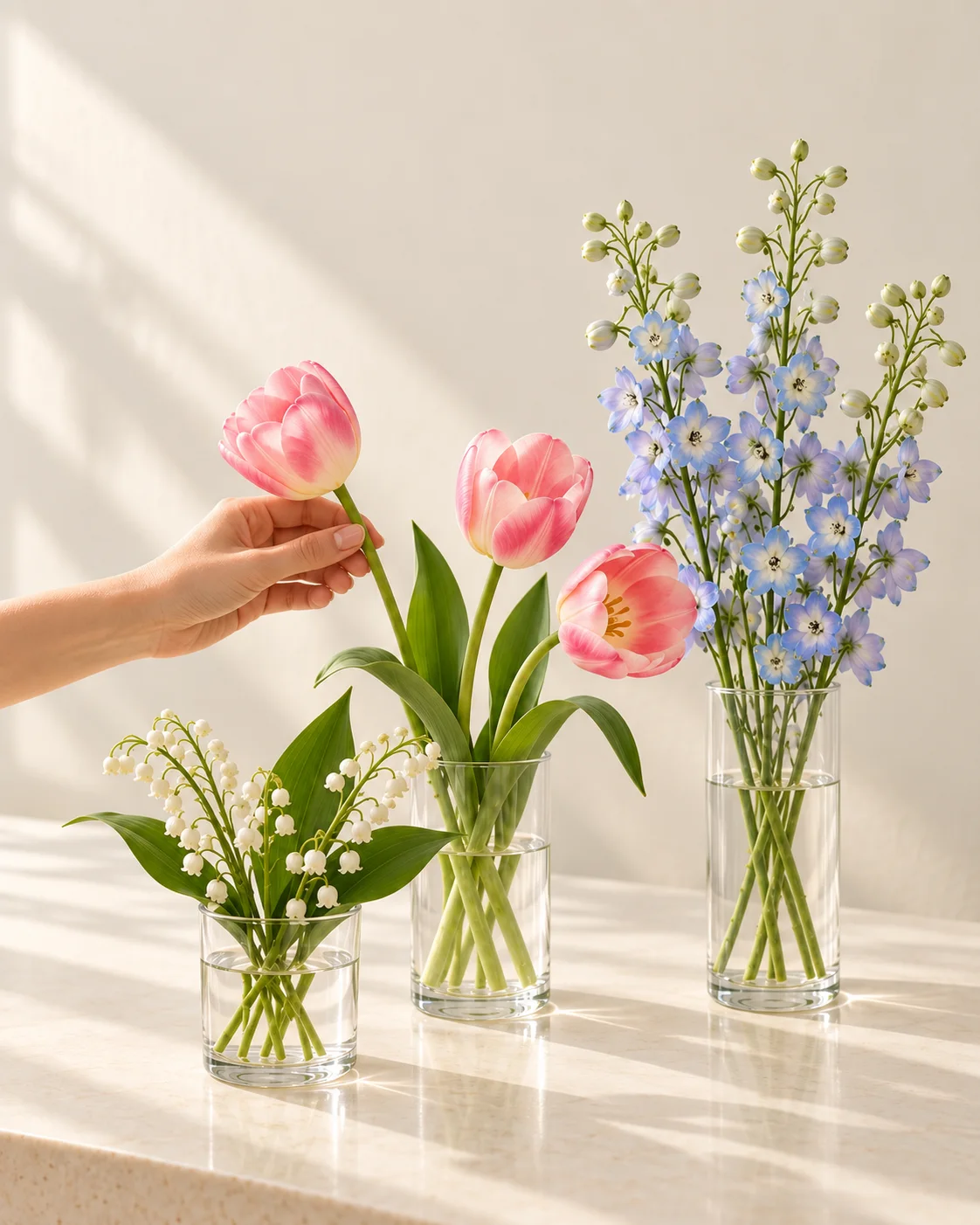 Lily of the valley, pink tulips and delphinium on the flower counter